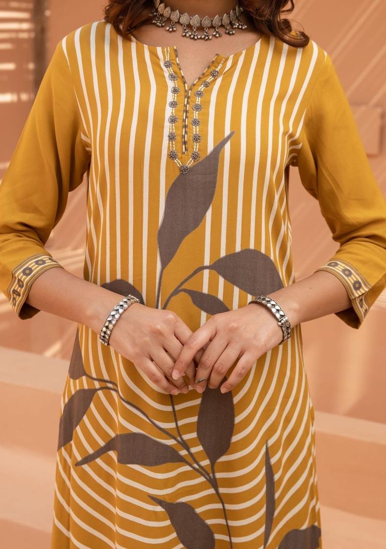 Mustard Printed Viscose Kurta Set - Indya