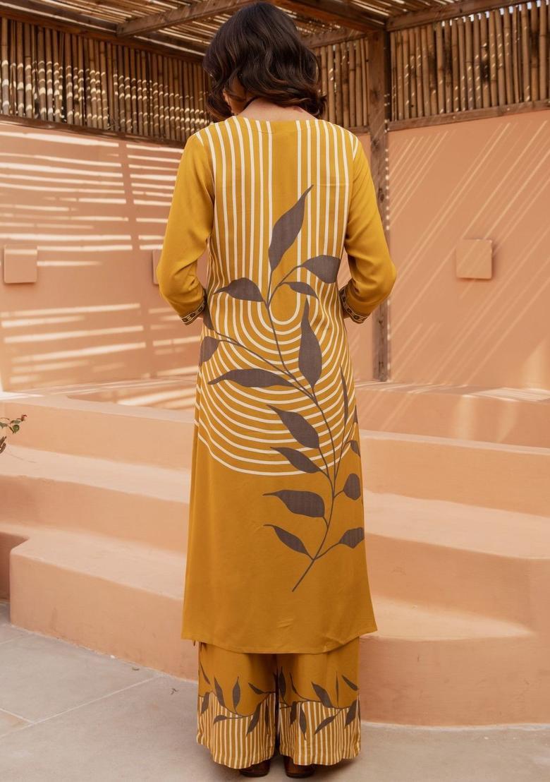 Mustard Printed Viscose Kurta Set - Indya