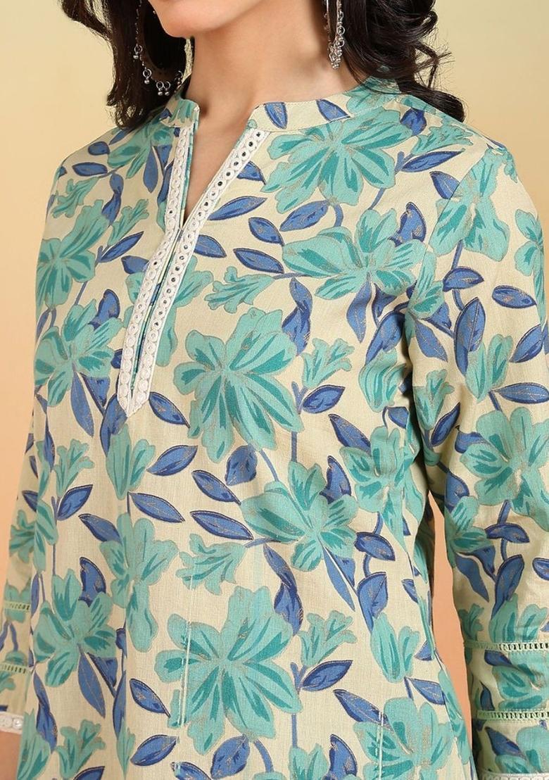 Off White Printed Cotton Kurta Set - Indya