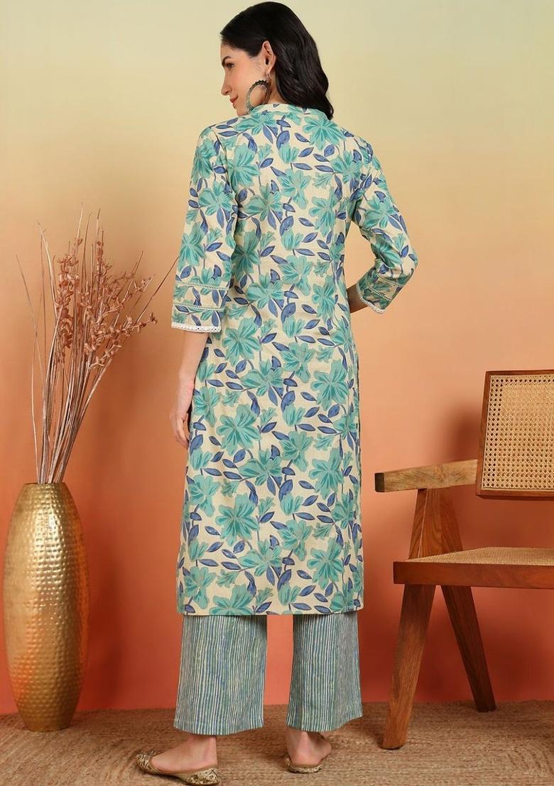 Off White Printed Cotton Kurta Set - Indya