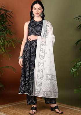 Black Printed Cotton Anarkali Set