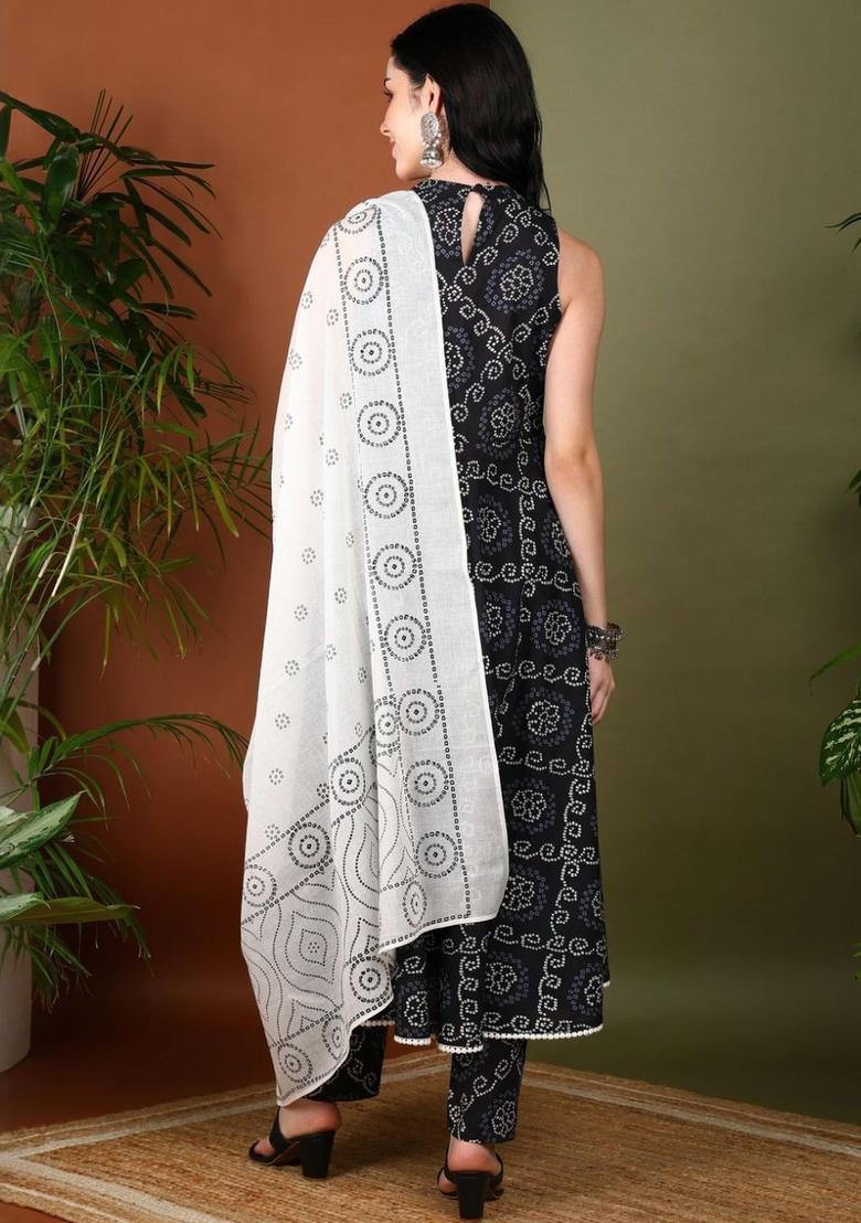 Black Printed Cotton Anarkali Set - Indya