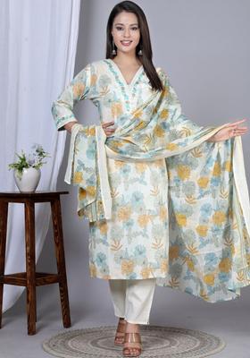 Off White Printed Cotton Kurta Set