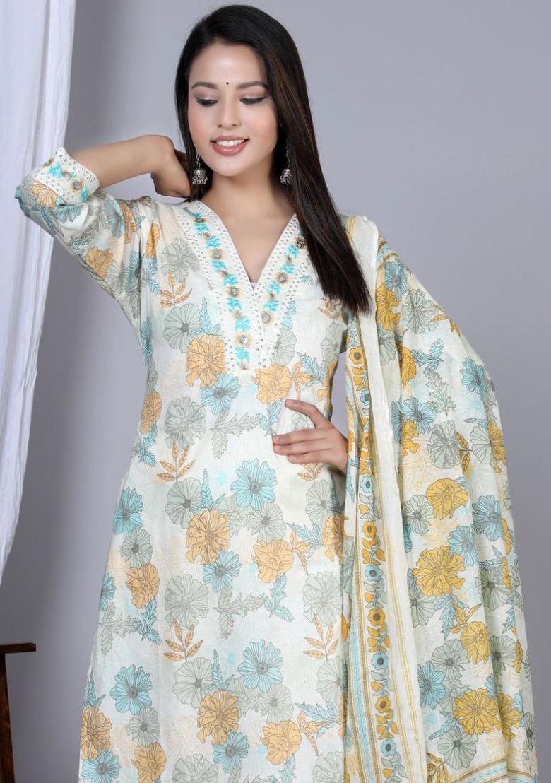 Off White Printed Cotton Kurta Set - Indya