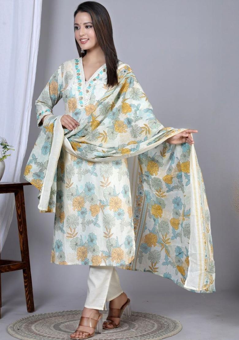 Off White Printed Cotton Kurta Set - Indya