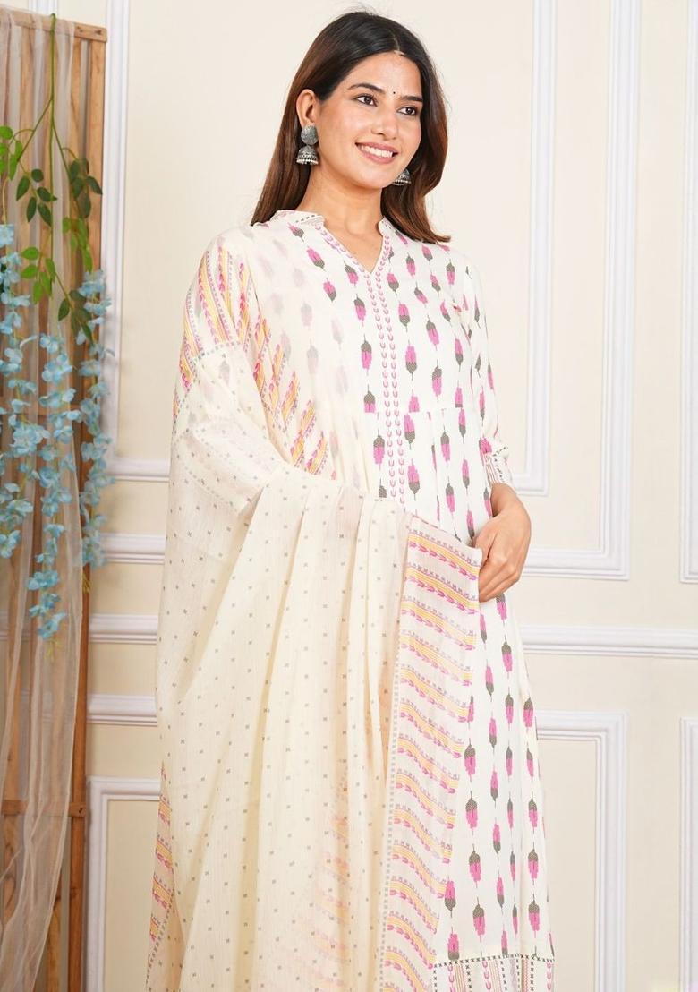Off White Printed Viscose Kurta Set - Indya