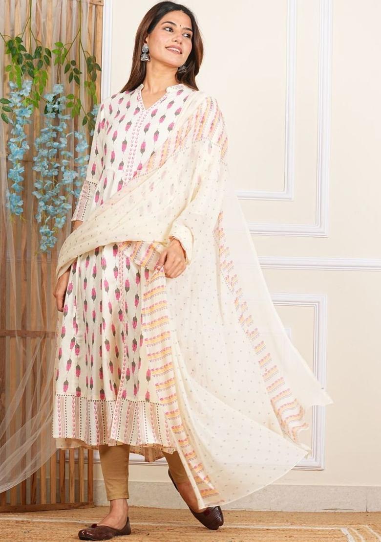 Off White Printed Viscose Kurta Set - Indya