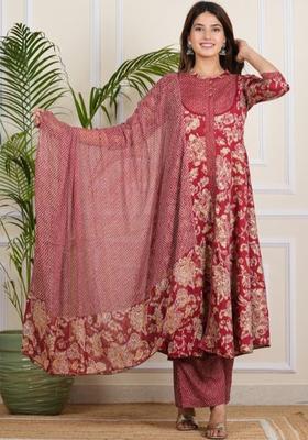 Maroon Printed Polyester Kurta Set