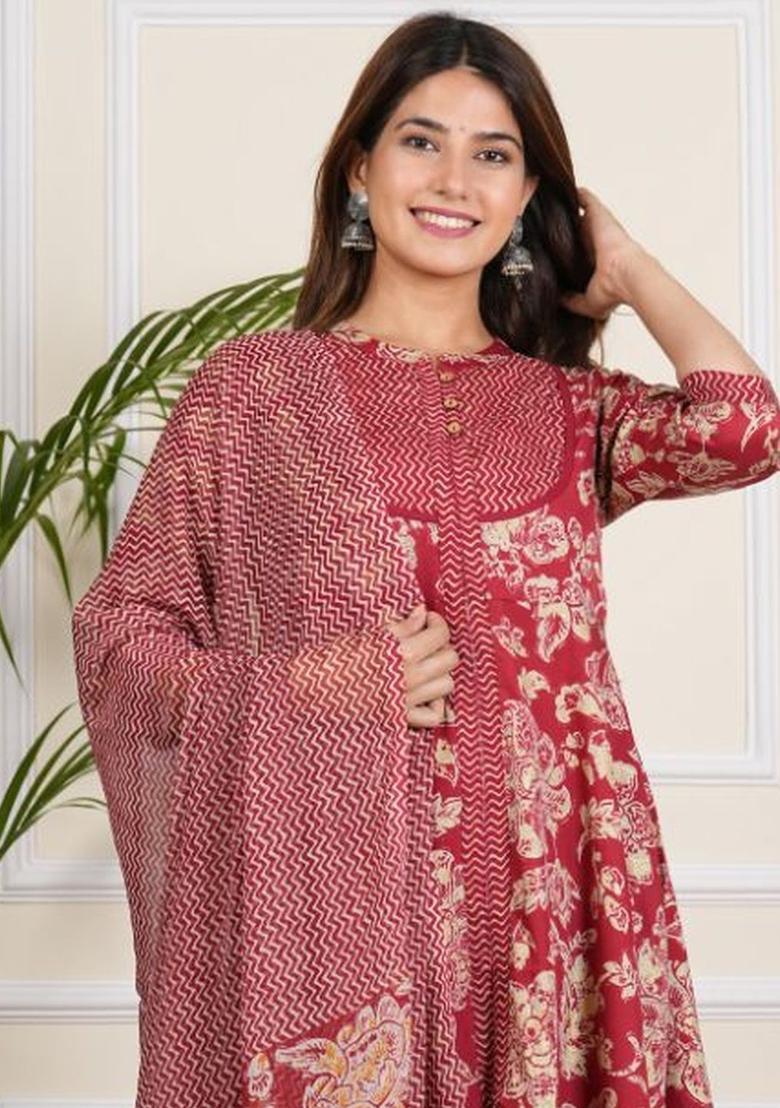 Maroon Printed Polyester Kurta Set - Indya