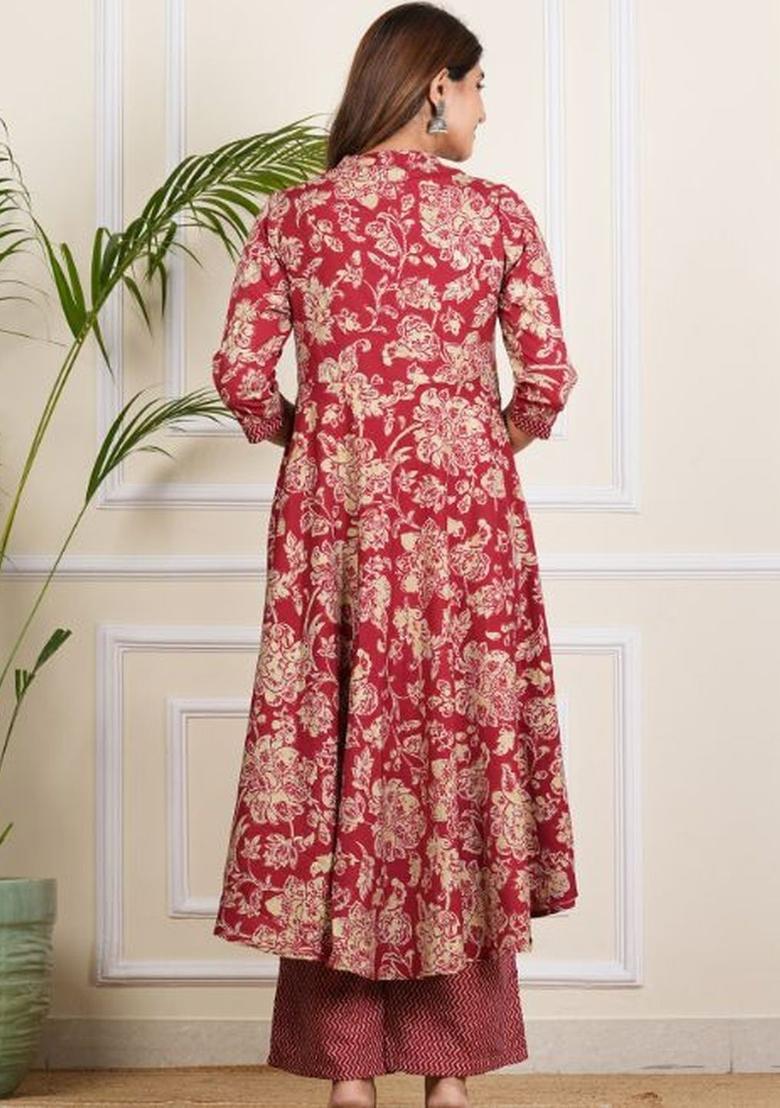 Maroon Printed Polyester Kurta Set - Indya