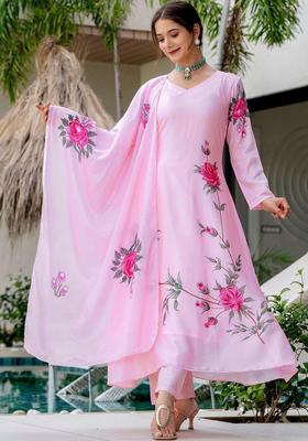 Pink Printed Silk Kurta Set