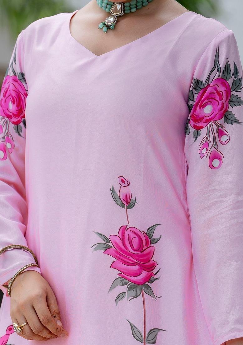 Pink Printed Silk Kurta Set - Indya