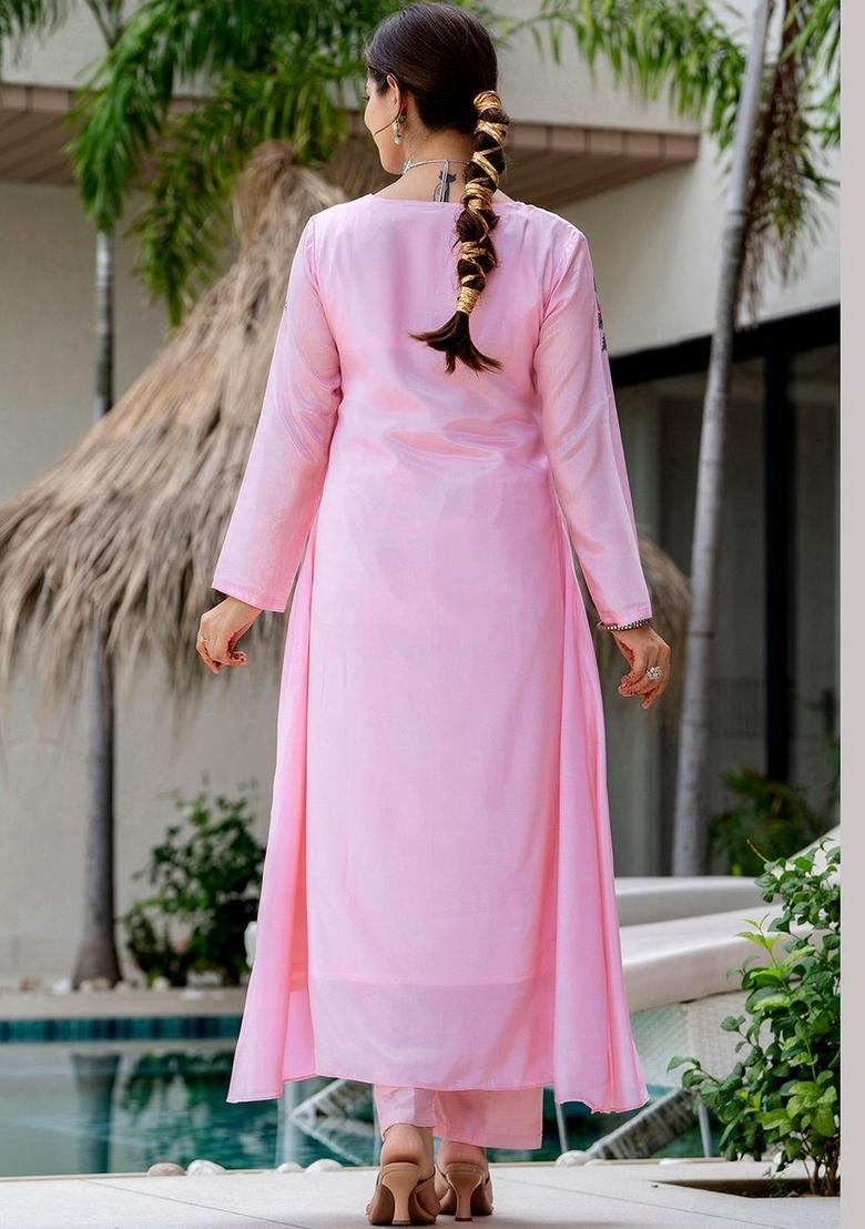 Pink Printed Silk Kurta Set - Indya