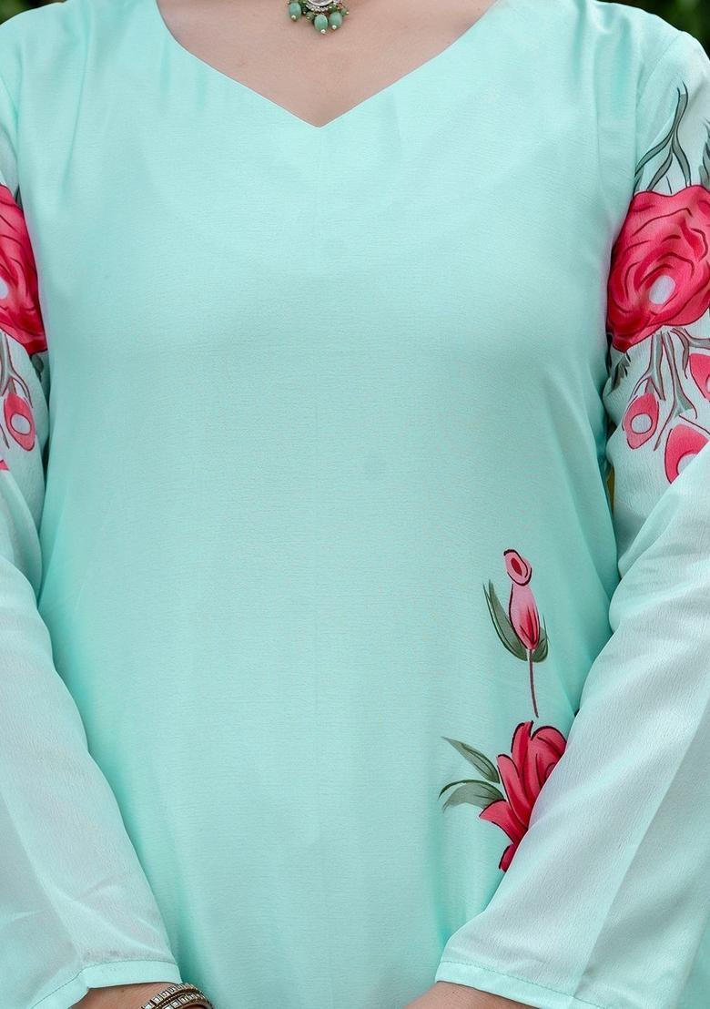 Sea Green Printed Silk Kurta Set - Indya