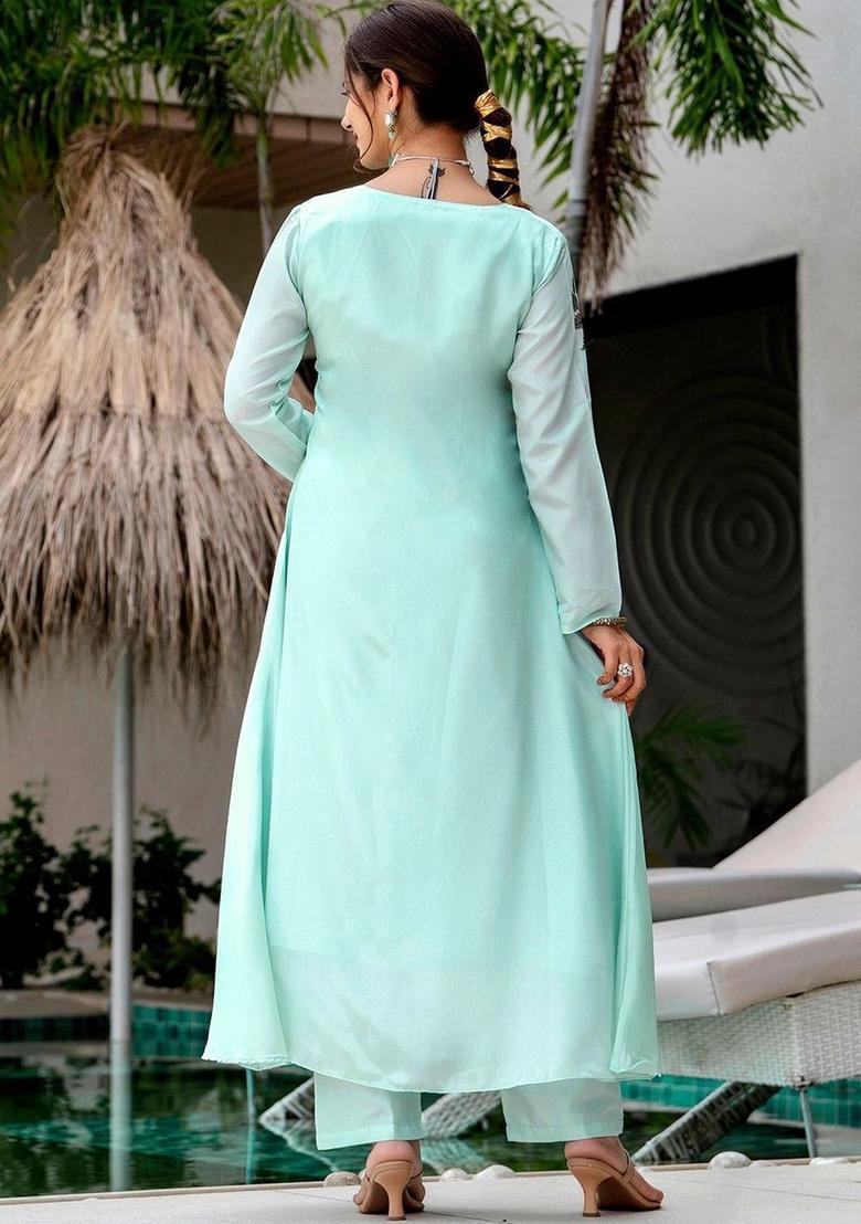 Sea Green Printed Silk Kurta Set - Indya