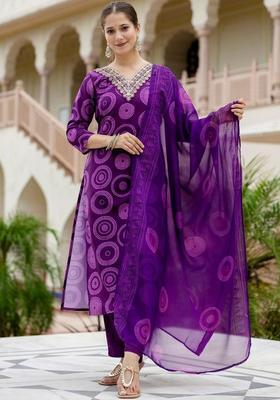 Purple Printed Viscose Kurta Set
