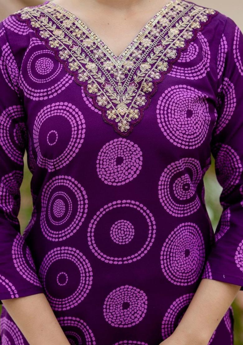 Purple Printed Viscose Kurta Set - Indya