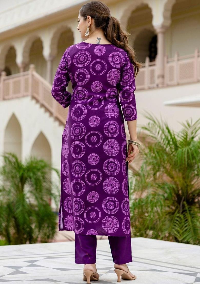 Purple Printed Viscose Kurta Set - Indya