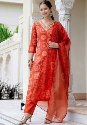 Red Printed Viscose Kurta Set