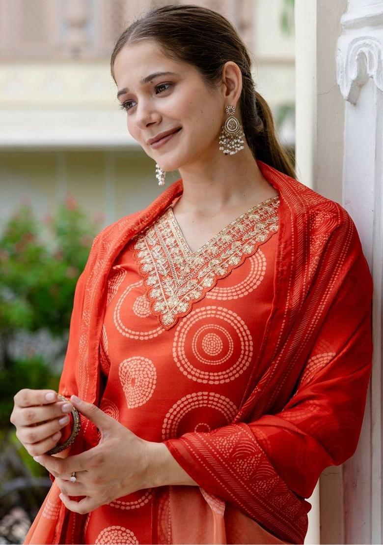 Red Printed Viscose Kurta Set - Indya