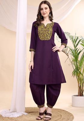 Purple Embroidered Viscose Kurta Set