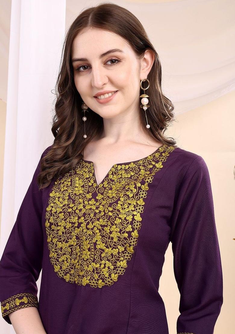 Purple Embroidered Viscose Kurta Set - Indya