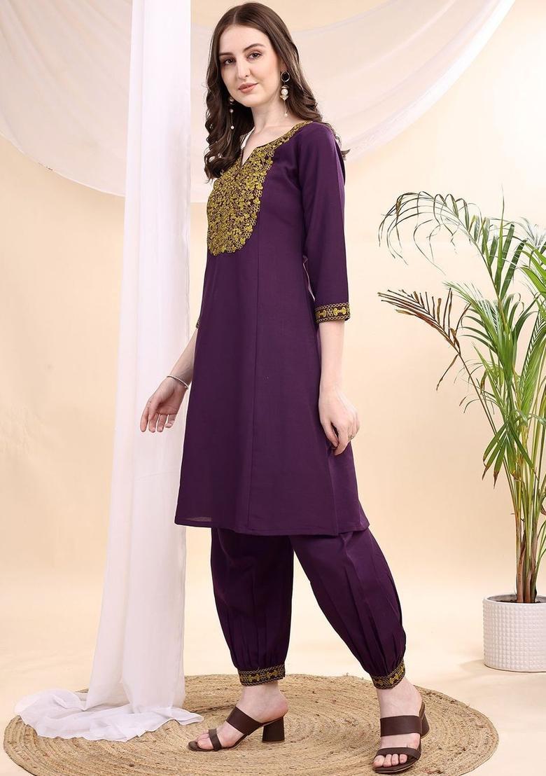 Purple Embroidered Viscose Kurta Set - Indya