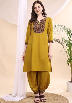 Yellow Embroidered Viscose Kurta Set