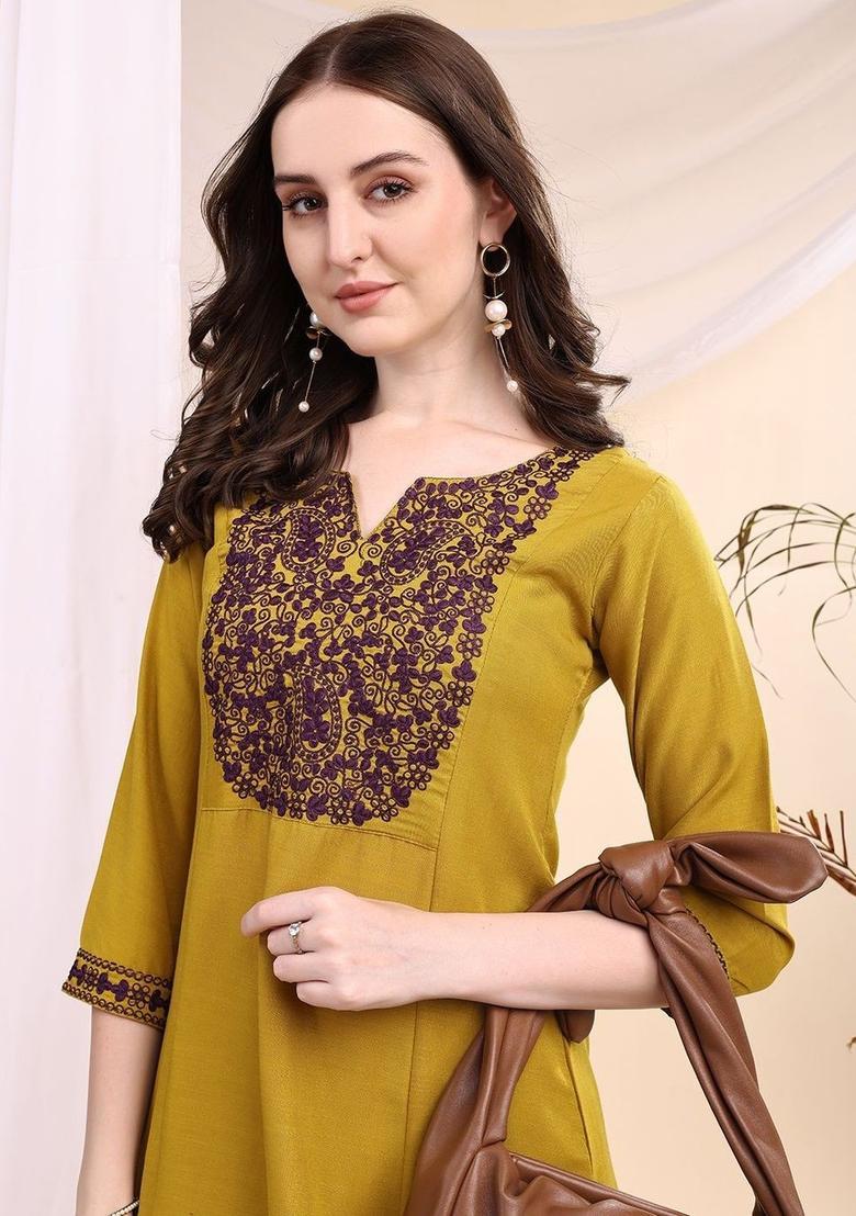 Yellow Embroidered Viscose Kurta Set - Indya