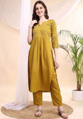 Mustard Yoke Design Viscose Kurta Set