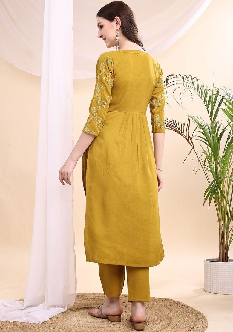 Mustard Yoke Design Viscose Kurta Set - Indya