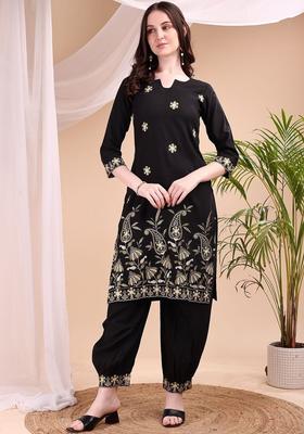 Black Embroidered Viscose Kurta Set