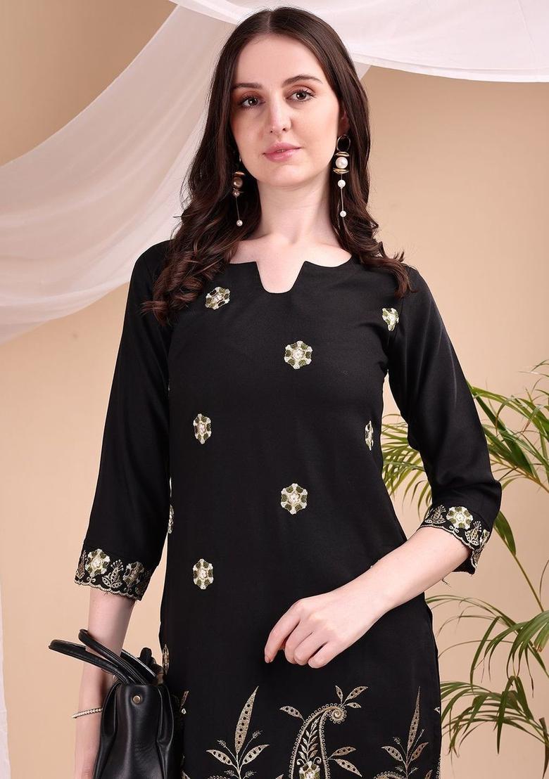 Black Embroidered Viscose Kurta Set - Indya
