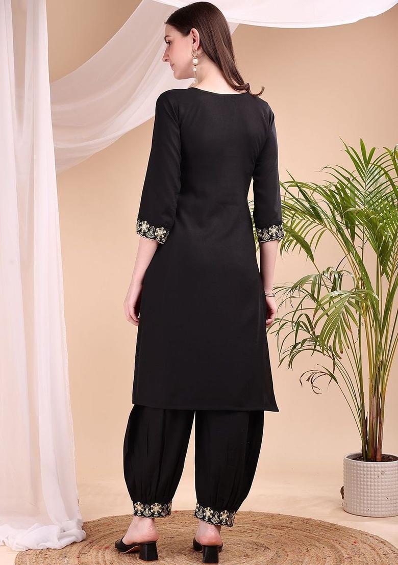 Black Embroidered Viscose Kurta Set - Indya