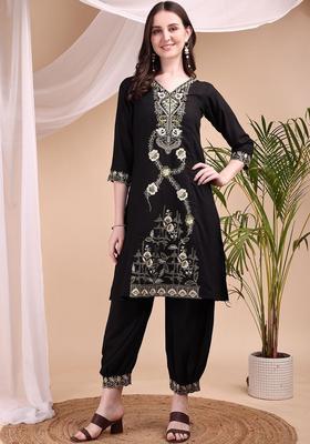 Black Embroidered Viscose Kurta Set