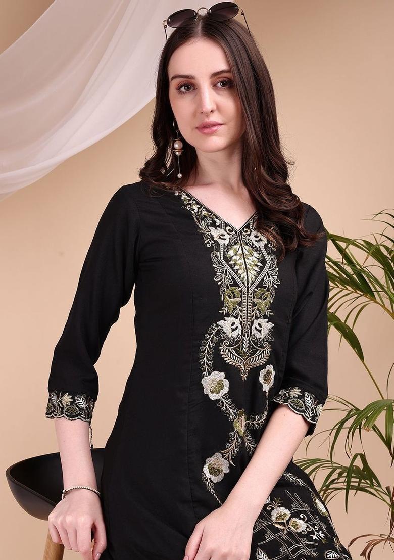 Black Embroidered Viscose Kurta Set - Indya