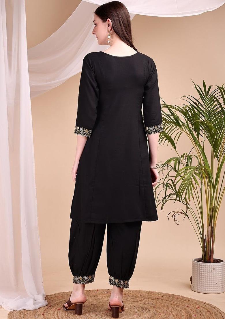 Black Embroidered Viscose Kurta Set - Indya