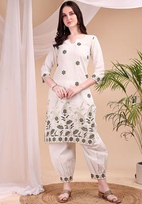 Off White Embroidered Viscose Kurta Set