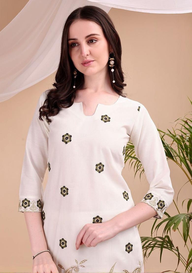 Off White Embroidered Viscose Kurta Set - Indya