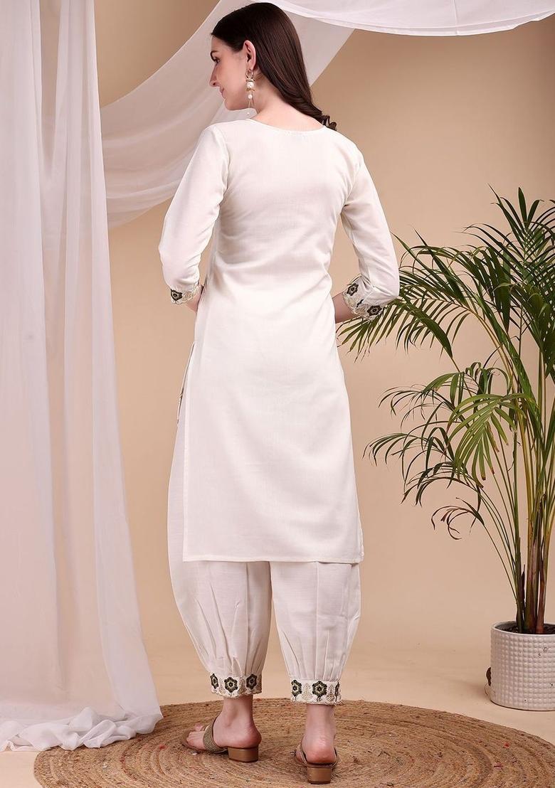Off White Embroidered Viscose Kurta Set - Indya