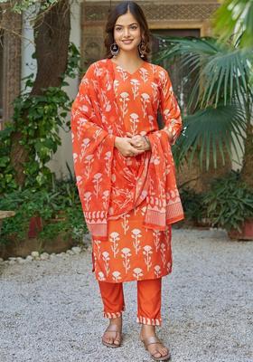 Orange Printed Cotton Kurta Set