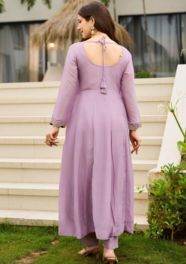 Lavender Embroidered Silk Kurta Set - Indya