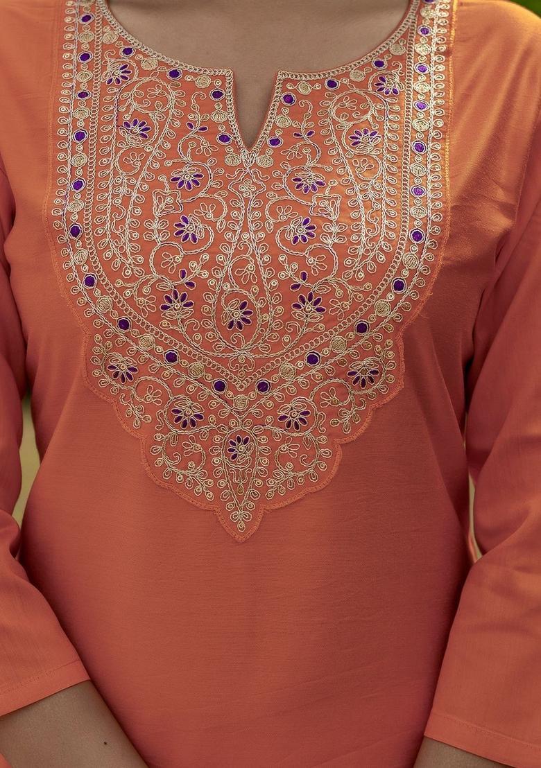 Orange Embroidered Viscose Kurta Set - Indya