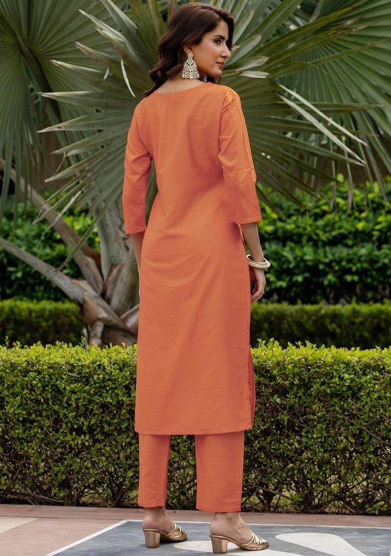 Orange Embroidered Viscose Kurta Set - Indya