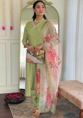 Olive Embroidered Viscose Kurta Set