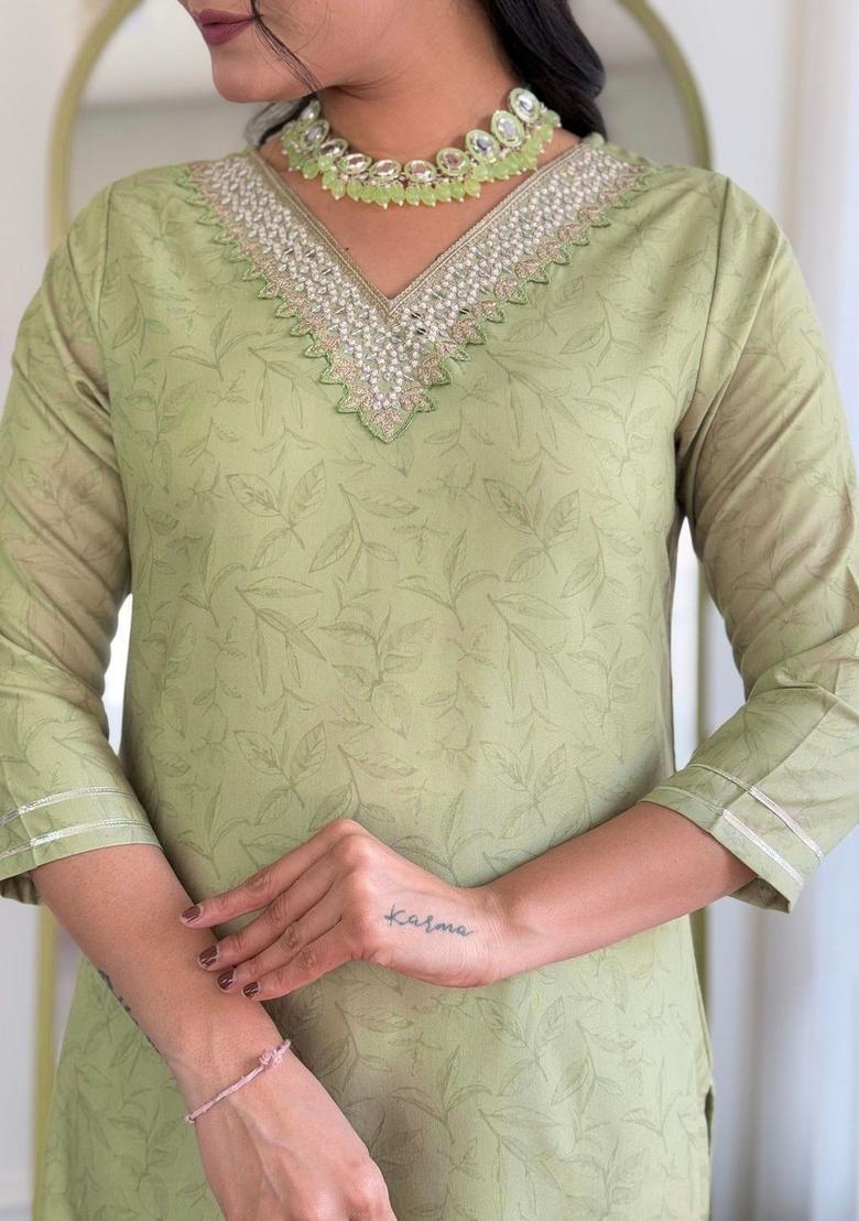 Olive Embroidered Viscose Kurta Set - Indya