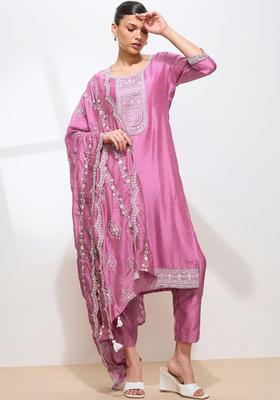 Pink Embroidered Silk Kurta Set