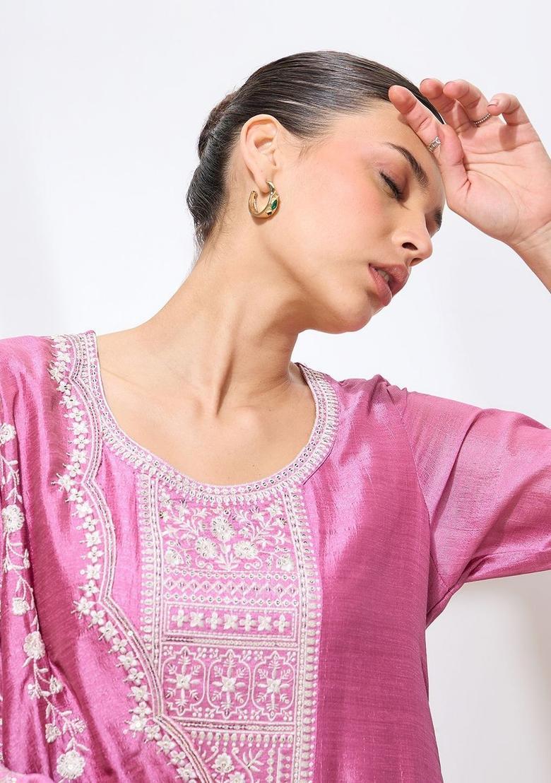 Pink Embroidered Silk Kurta Set - Indya