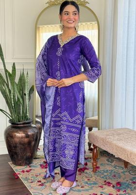 Purple Printed Silk Kurta Set