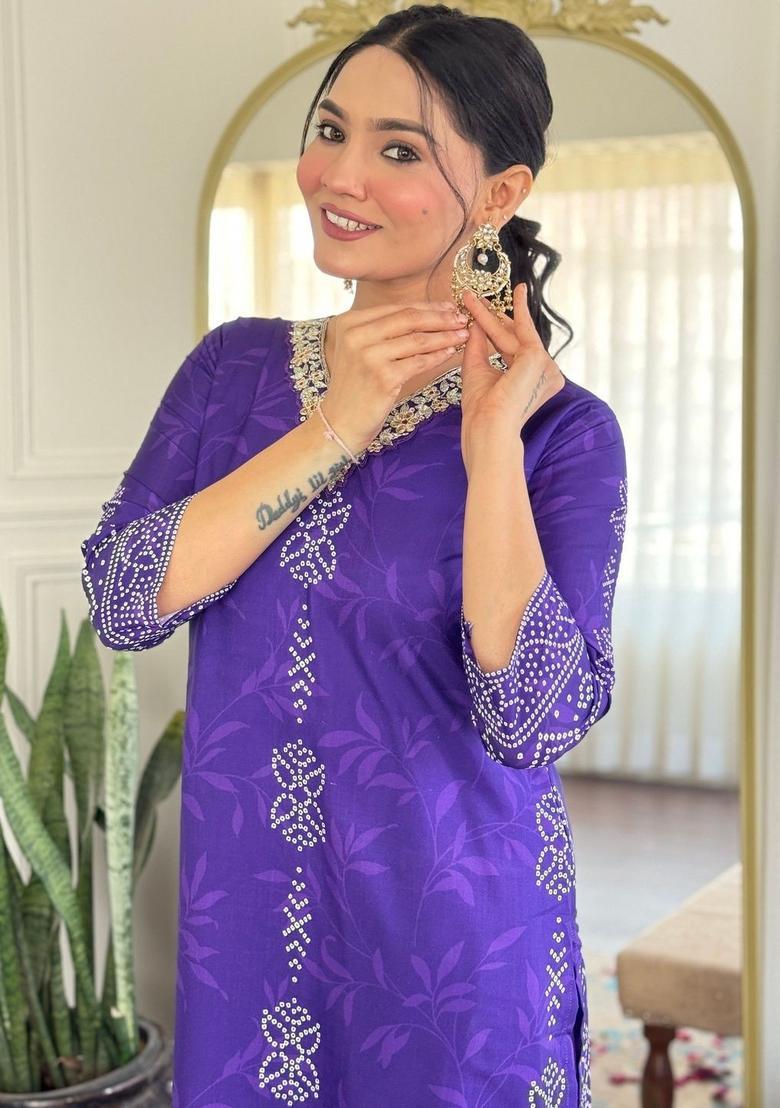 Purple Printed Silk Kurta Set - Indya